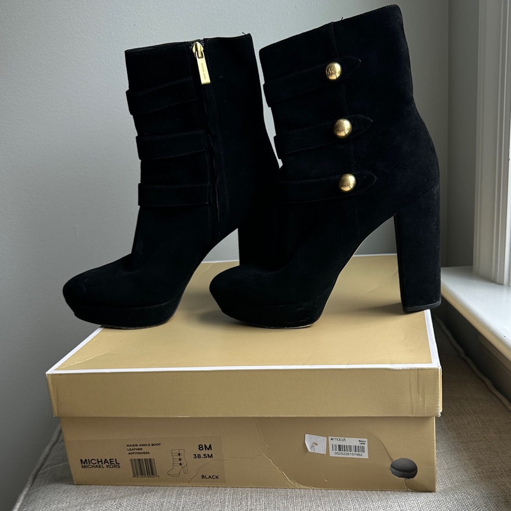 Michael Kors Black Heeled Boots with Gold Buttons